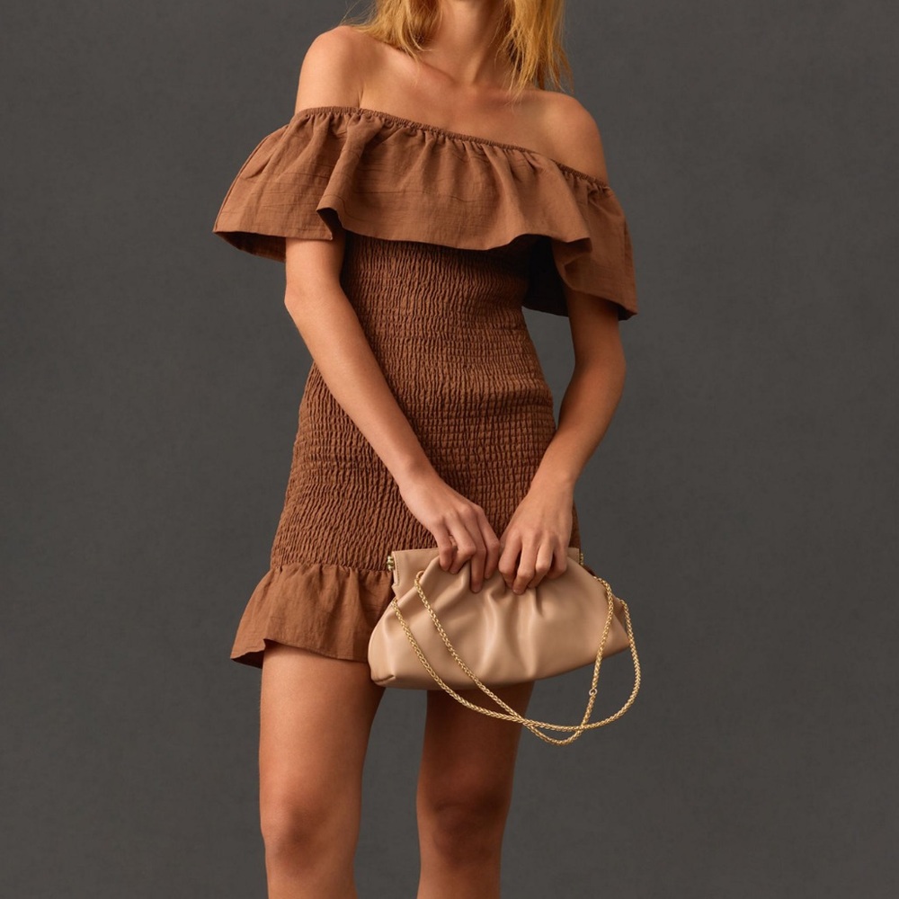 by Anthropologie Off-The-Shoulder Smocked Mini Dress in Chocolate size Medium